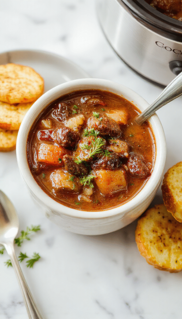 A rustic white bowl filled with tender chunks of beef and colorful vegetables like carrots and potatoes, all simmered in a rich gravy. The stew is garnished with fresh herbs and served on a wooden table, with a spoon resting on the side and steam rising, highlighting the hearty, comforting nature of the dish.