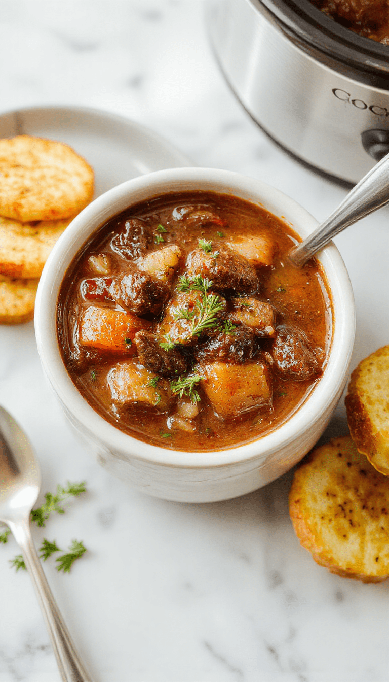 A rustic white bowl filled with tender chunks of beef and colorful vegetables like carrots and potatoes, all simmered in a rich gravy. The stew is garnished with fresh herbs and served on a wooden table, with a spoon resting on the side and steam rising, highlighting the hearty, comforting nature of the dish.