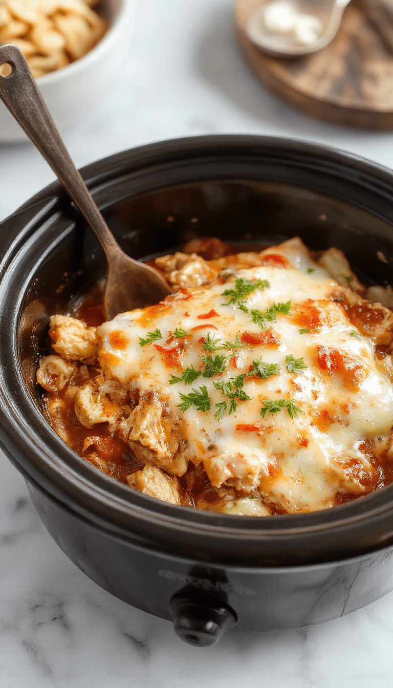 A vibrant dish featuring layers of shredded chicken, melted cheese, and rich enchilada sauce in a rustic ceramic casserole dish, garnished with fresh cilantro and sliced olives, showcasing a colorful and cheesy Mexican-inspired meal with a textured, bubbly top.