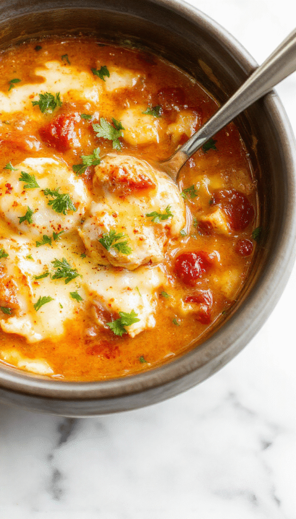 A vibrant bowl of chicken parmesan soup featuring shredded chicken submerged in a tomato-based broth, topped with melted mozzarella cheese, fresh basil leaves, and grated Parmesan. The soup is presented in a rustic white bowl on a wooden table, garnished with a sprinkle of herbs, highlighting its hearty and cheesy texture with colorful ingredients contrast.