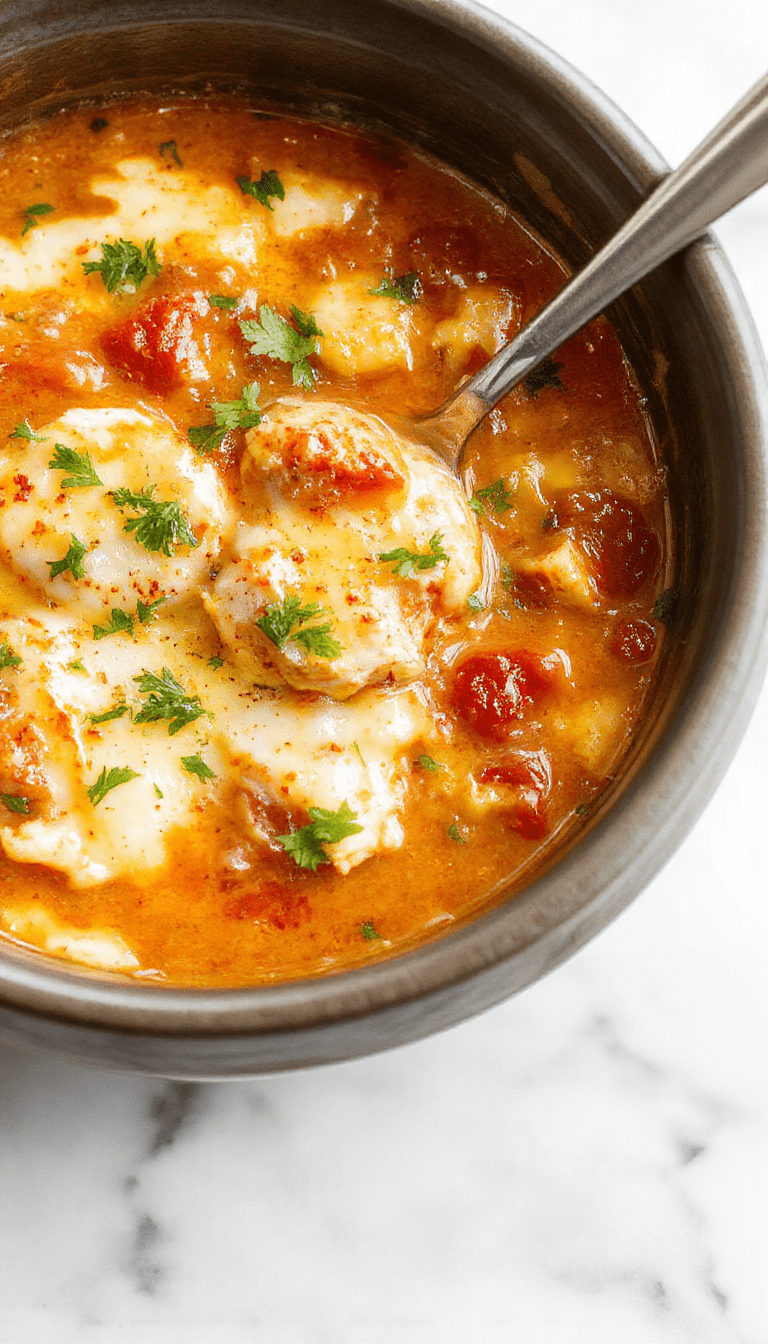 A vibrant bowl of chicken parmesan soup featuring shredded chicken submerged in a tomato-based broth, topped with melted mozzarella cheese, fresh basil leaves, and grated Parmesan. The soup is presented in a rustic white bowl on a wooden table, garnished with a sprinkle of herbs, highlighting its hearty and cheesy texture with colorful ingredients contrast.
