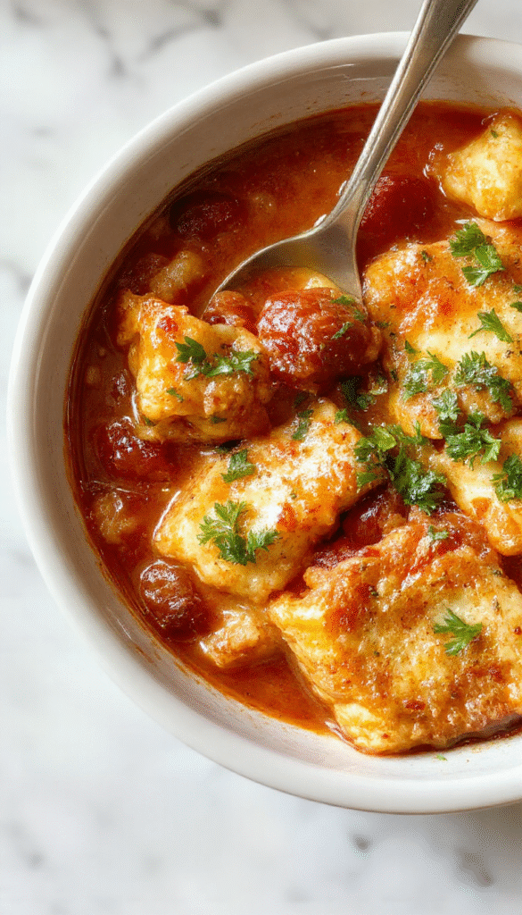 A warm bowl of crockpot lasagna soup topped with melted cheese, fresh basil, and pepper. The vibrant red broth contains crumbled ground beef, pasta, and tomatoes, beautifully presented on a rustic wooden table with garnishes adding color and texture.