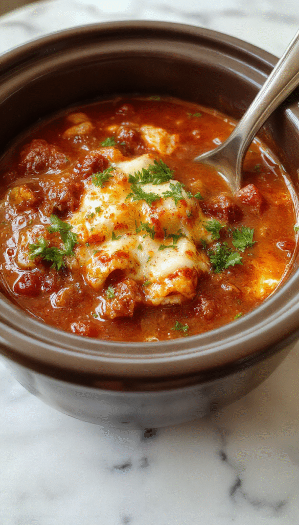 A vibrant bowl of crockpot lasagna soup featuring layers of melted cheese, chunky tomato sauce, and basil garnished on top. The soup's rich red color contrasts with the white melted cheese and green herb toppings, served in a rustic white bowl on a wooden table with a spoon beside it, showcasing a comforting, hearty dish perfect for cozy meals.