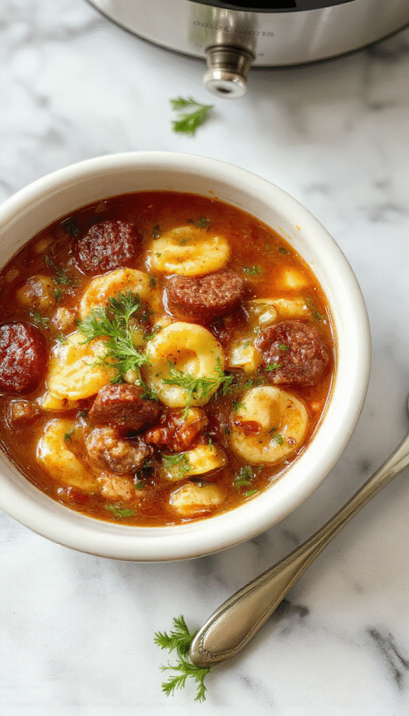 A steaming bowl of vegan tortellini soup with vibrant green spinach, tender tortellini, and savory sausage slices topped with grated cheese, garnished with fresh herbs, served in a rustic white bowl on a wooden surface with a soup spoon.