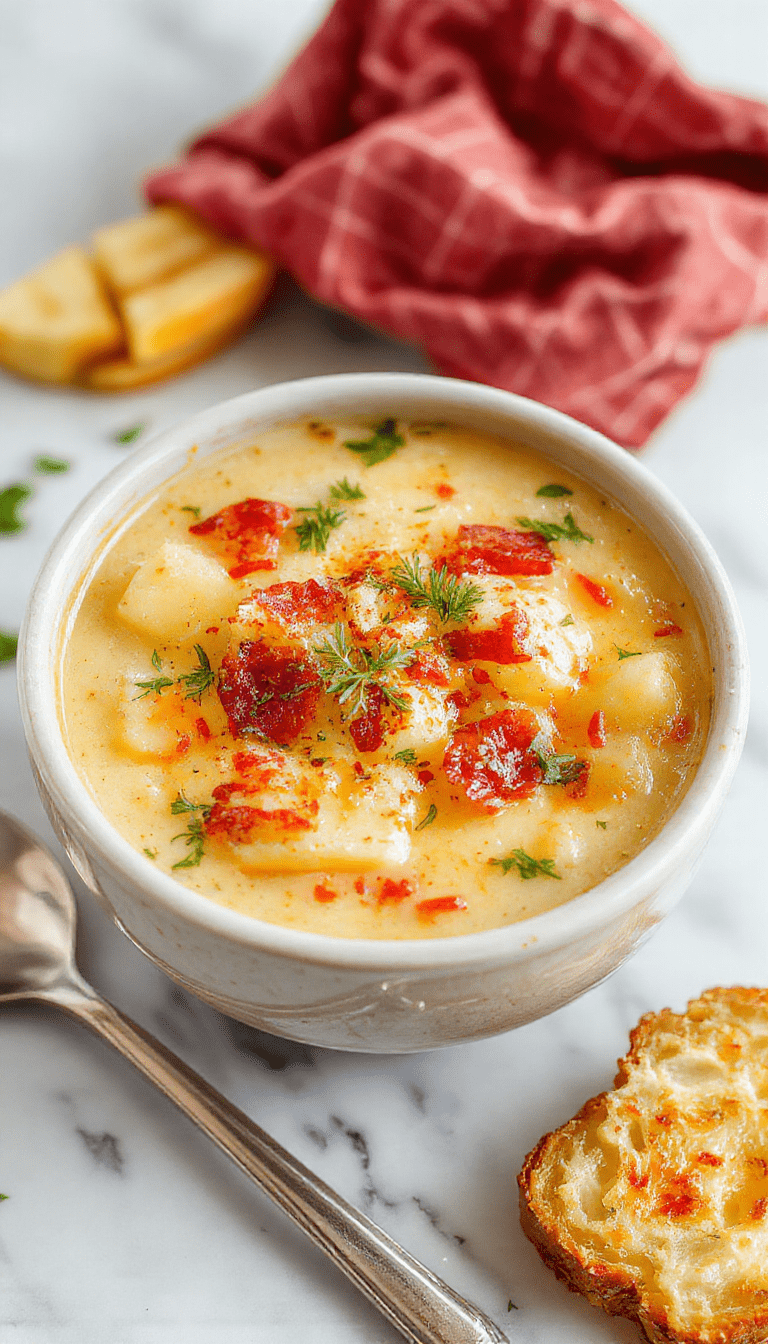 A bowl of rich, creamy loaded potato soup topped with shredded cheese, chopped bacon, green onions, and dollops of sour cream, served in a rustic white bowl on a wooden table with a spoon resting beside it