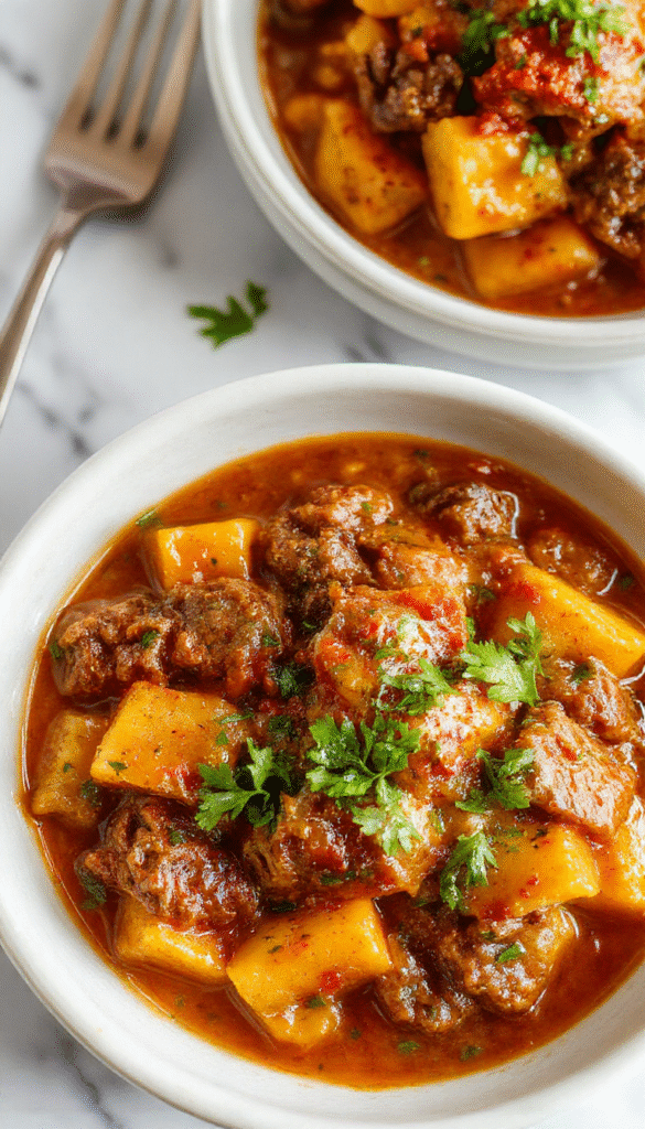 A rustic bowl of pumpkin beef bolognese featuring chunky beef and vibrant orange pumpkin puree, topped with fresh herbs and grated cheese, served over al dente pasta on a wooden table with warm lighting highlighting the rich textures and inviting colors.