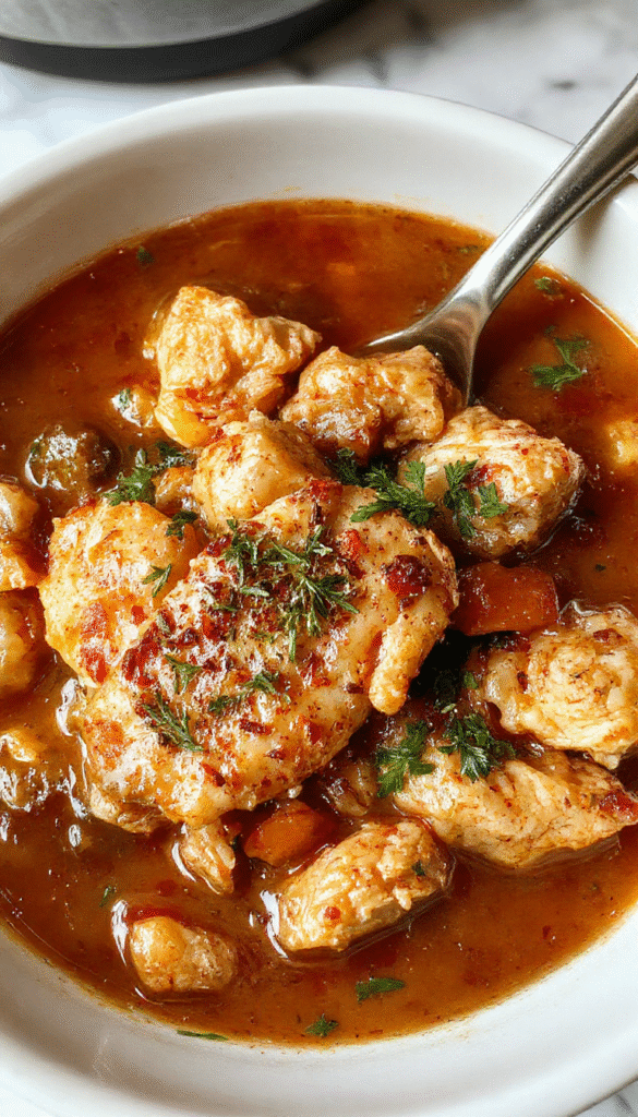 A rustic white bowl filled with hearty chicken stew topped with fresh herbs, surrounded by chunks of tender chicken, vibrant vegetables, and a steaming broth with a glossy finish, styled on a cozy wooden table with warm lighting.