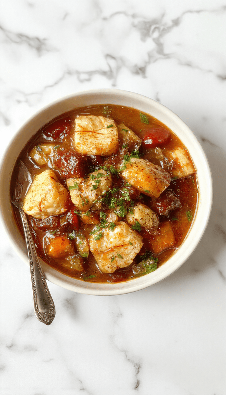 A rustic white bowl filled with chunky chicken stew featuring golden-brown chicken pieces, tender vegetables like carrots and potatoes, swimming in a rich, savory broth. The stew is garnished with fresh herbs and set on a wooden table with a warm, inviting ambiance.