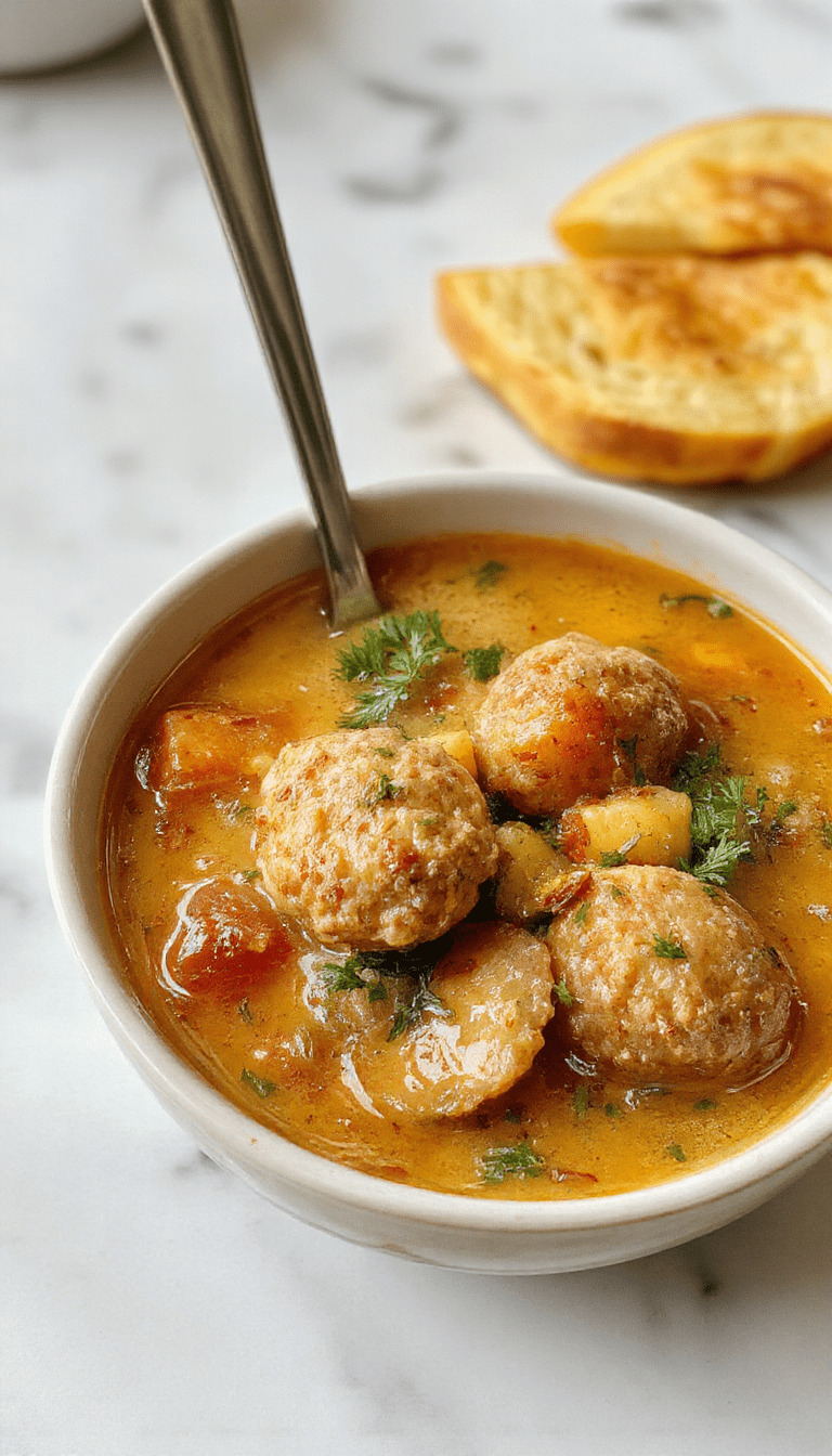 A steaming bowl of Swedish Meatball Soup showcases tender meatballs, creamy broth, and fresh herbs, garnished with parsley on a rustic wooden table with warm lighting.