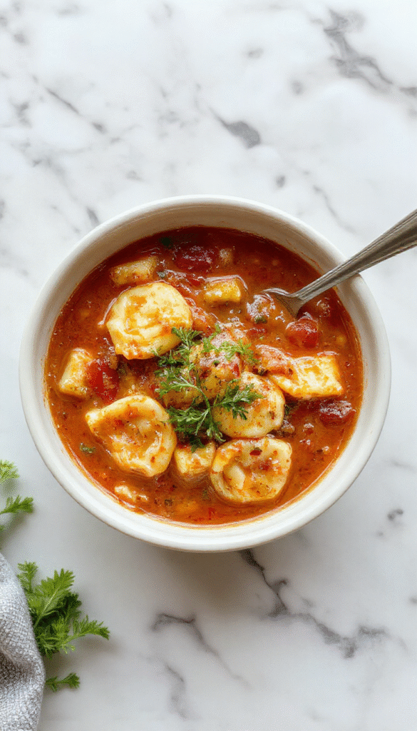 A vibrant bowl of tomato tortellini soup featuring plump tortellini pasta immersed in a rich, red tomato broth garnished with fresh basil and grated cheese, with a rustic wooden background and a spoon resting beside the bowl.