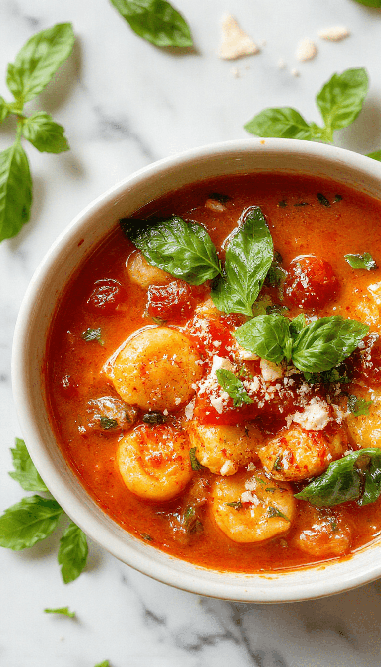 A vibrant bowl of tomato tortellini soup featuring plump tortellini pasta floating in a rich red tomato broth, garnished with fresh basil leaves and grated Parmesan cheese, served in a rustic white bowl on a wooden table with a spoon and a sprig of basil.