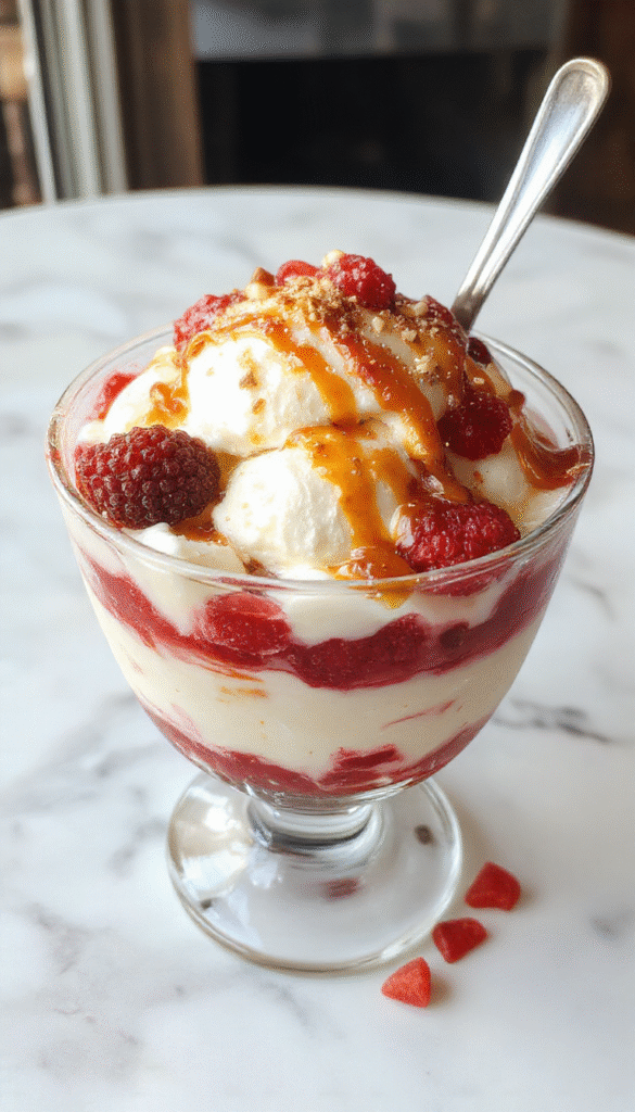 A vibrant layered trifle in a clear glass bowl showcasing alternating layers of creamy custard, fresh berries, and sponge cake topped with whipped cream and colorful sprinkles, beautifully styled for an inviting dessert presentation.