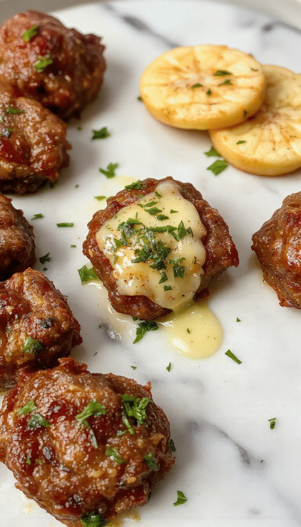 Colorful plate of golden-brown beef bites coated in garlic butter, garnished with fresh herbs, arranged neatly on a white ceramic dish with a rustic background, showcasing a crispy exterior and tender interior.