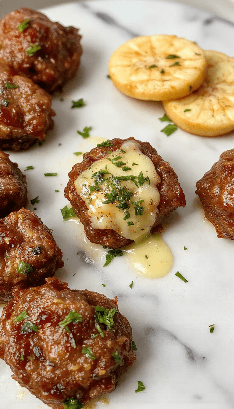 Colorful plate of golden-brown beef bites coated in garlic butter, garnished with fresh herbs, arranged neatly on a white ceramic dish with a rustic background, showcasing a crispy exterior and tender interior.