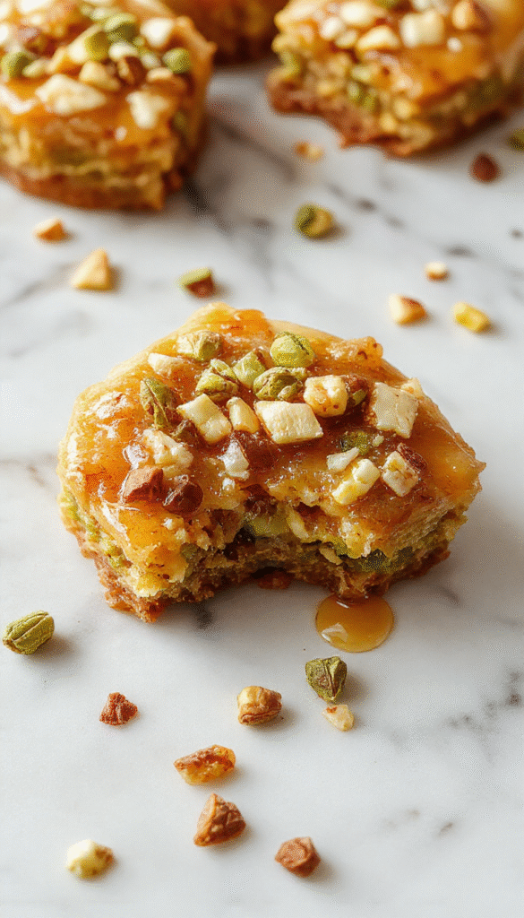 A rich honey pistachio baklava cheesecake plated on a elegant white dish, topped with crushed pistachios and drizzled honey, showcasing flaky layers, golden brown crust, and vibrant green pistachios with a glossy honey glaze