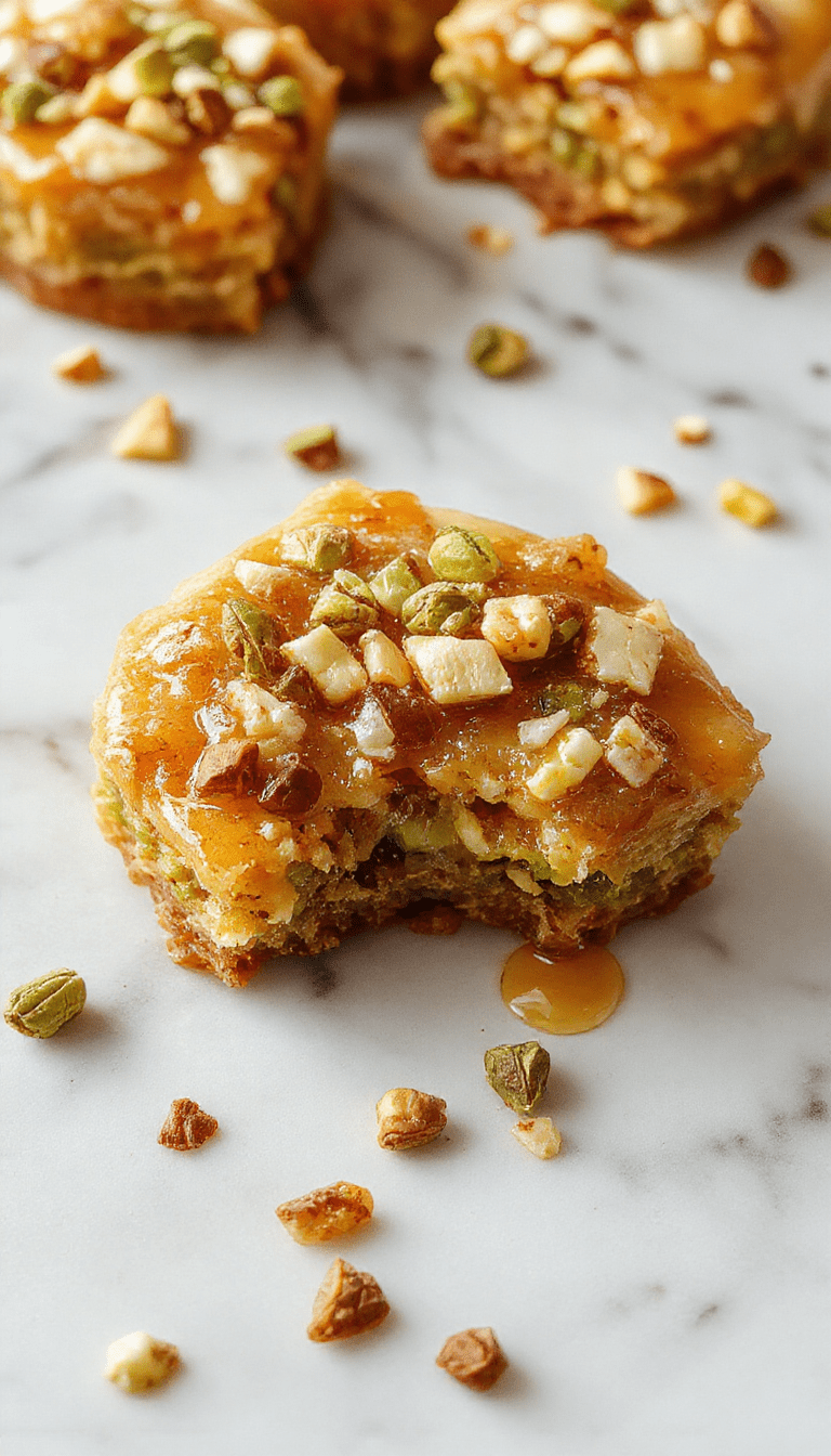 A rich honey pistachio baklava cheesecake plated on a elegant white dish, topped with crushed pistachios and drizzled honey, showcasing flaky layers, golden brown crust, and vibrant green pistachios with a glossy honey glaze