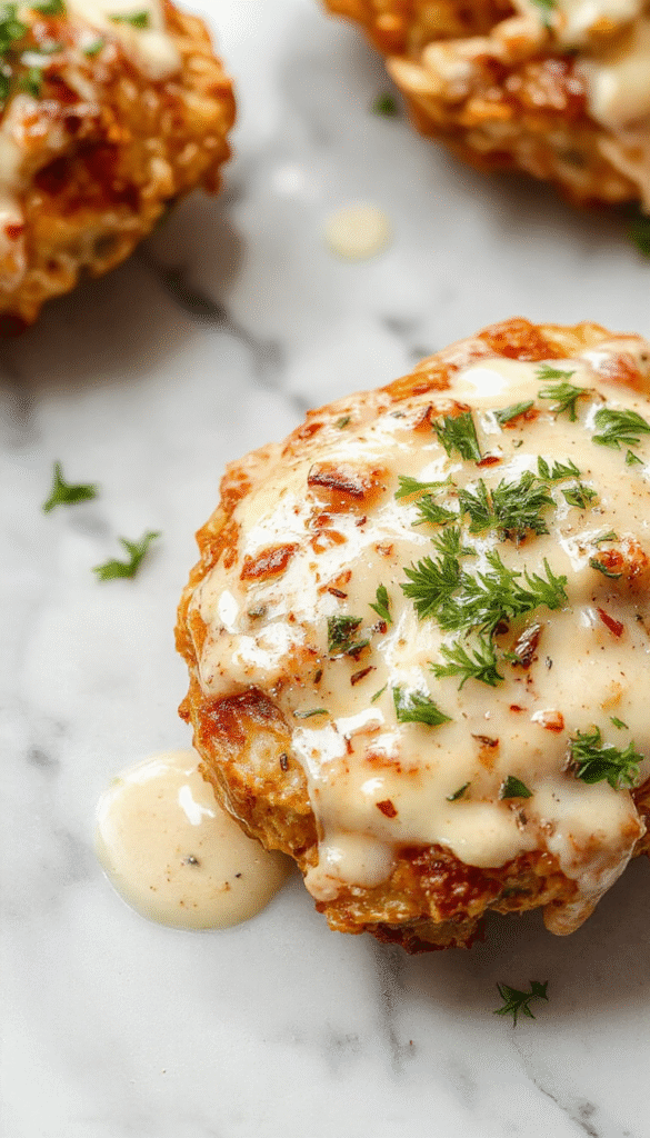 A rustic white plate featuring tender Irish chicken topped with a rich, creamy whiskey sauce. Garnished with fresh herbs and served alongside golden potatoes and vibrant green vegetables. The sauce glistens under warm lighting, highlighting its velvety texture and inviting appeal.