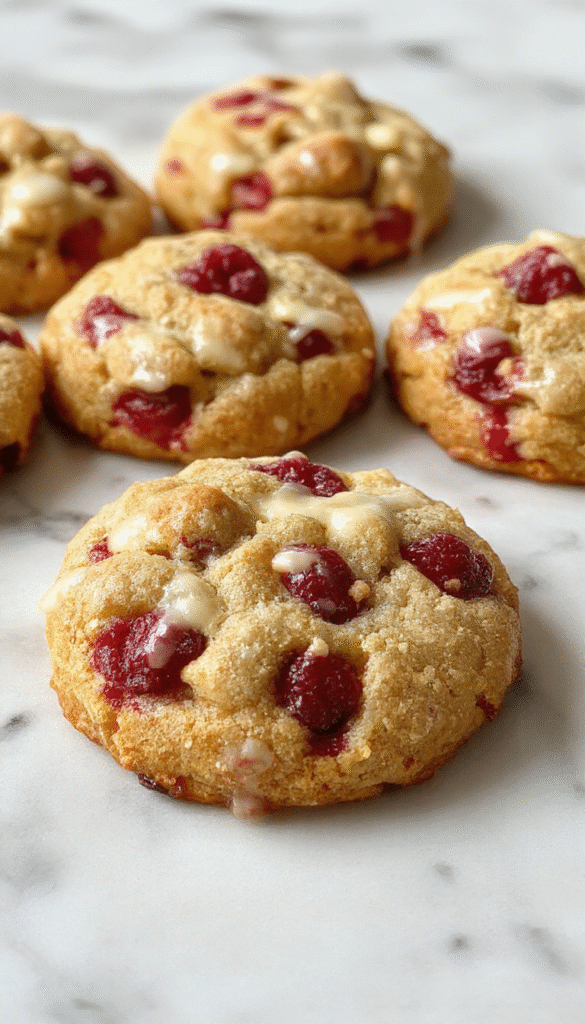 Colorful raspberry cookies with a golden buttery crumble topping arranged on a rustic white plate, garnished with fresh raspberries and mint leaves, showcasing their crunchy texture and vibrant red berry layers against a soft pastel background.