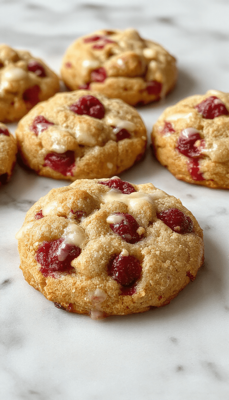 Colorful raspberry cookies with a golden buttery crumble topping arranged on a rustic white plate, garnished with fresh raspberries and mint leaves, showcasing their crunchy texture and vibrant red berry layers against a soft pastel background.
