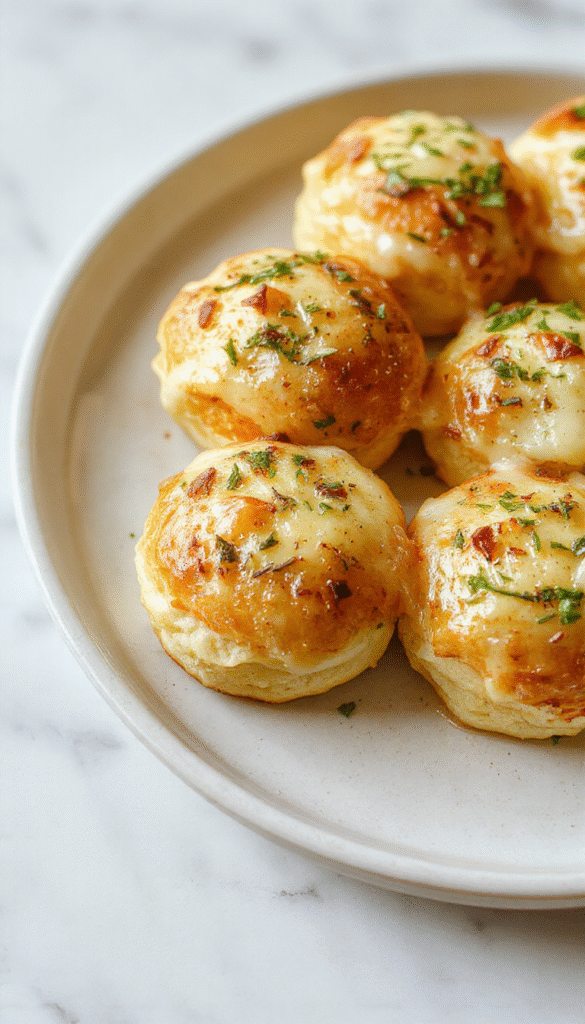 A close-up of golden-brown cheesy garlic rolls arranged on a rustic wooden platter, with melted cheese oozing from the soft, fluffy rolls, garnished with fresh parsley and sprinkled with garlic, showcasing a crispy crust and gooey cheese texture.