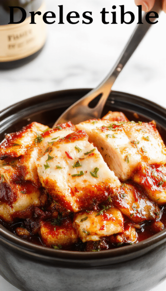 A glossy, caramelized bourbon chicken served on a white plate with a sprig of fresh green herbs, surrounded by a rich sauce pooling on the plate, with steamed rice and colorful vegetables in the background, styled for a casual yet appetizing meal.