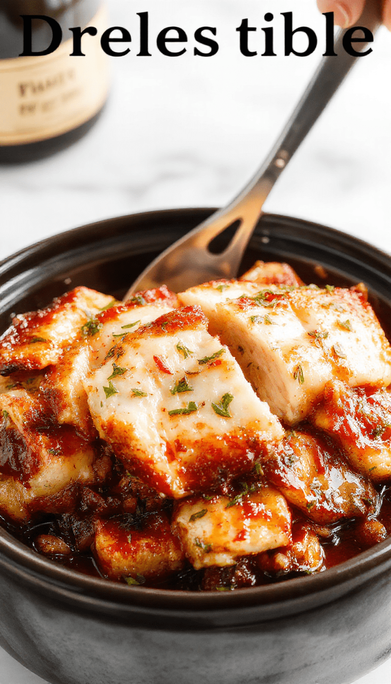 A glossy, caramelized bourbon chicken served on a white plate with a sprig of fresh green herbs, surrounded by a rich sauce pooling on the plate, with steamed rice and colorful vegetables in the background, styled for a casual yet appetizing meal.