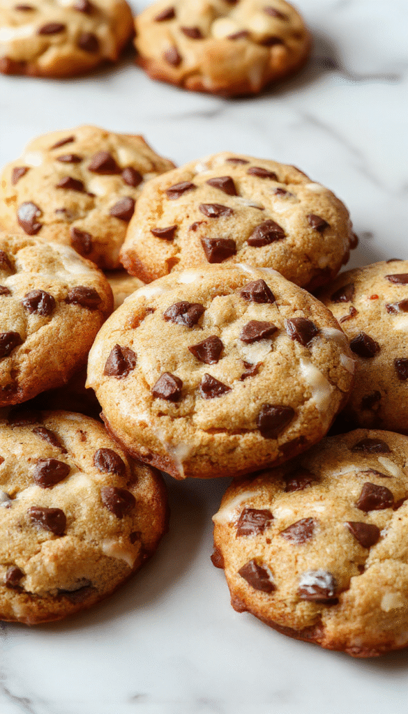 A close-up of golden-brown Neiman Marcus cookies stacked on a rustic wooden plate, topped with chocolate chips and pecans, with a soft-focus background featuring a cozy kitchen scene.