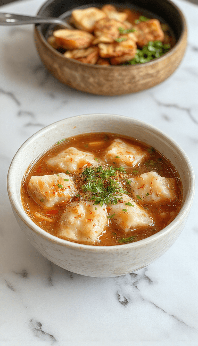 A vibrant bowl of Japanese gyoza soup featuring golden-brown dumplings floating in a clear, aromatic broth with green onions and sliced carrots, garnished with fresh herbs and served in a traditional Japanese bowl with a background of chopsticks and a textured wooden surface.