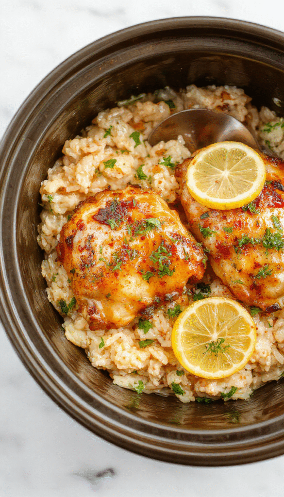 Colorful plate featuring tender shredded chicken coated in lemon and herbs, served atop fluffy rice with fresh lemon slices and chopped herbs around the dish, styled on a rustic wooden table with bright natural lighting highlighting the juicy texture and aromatic herbs.