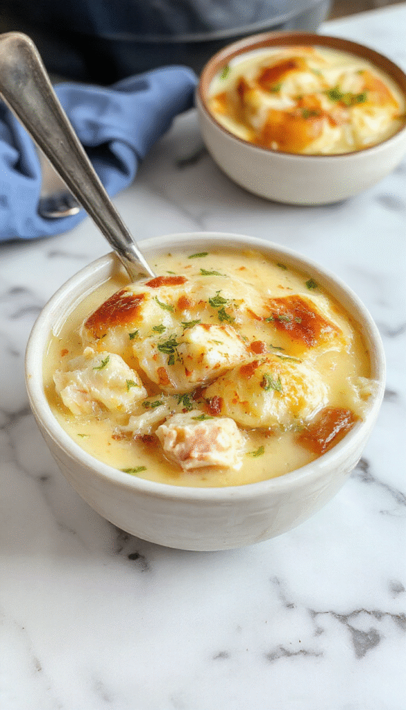 A bowl of creamy keto chicken pot pie soup showcasing tender shredded chicken, chunks of vegetables, and a golden, flaky topping, garnished with fresh herbs on a rustic wooden table.