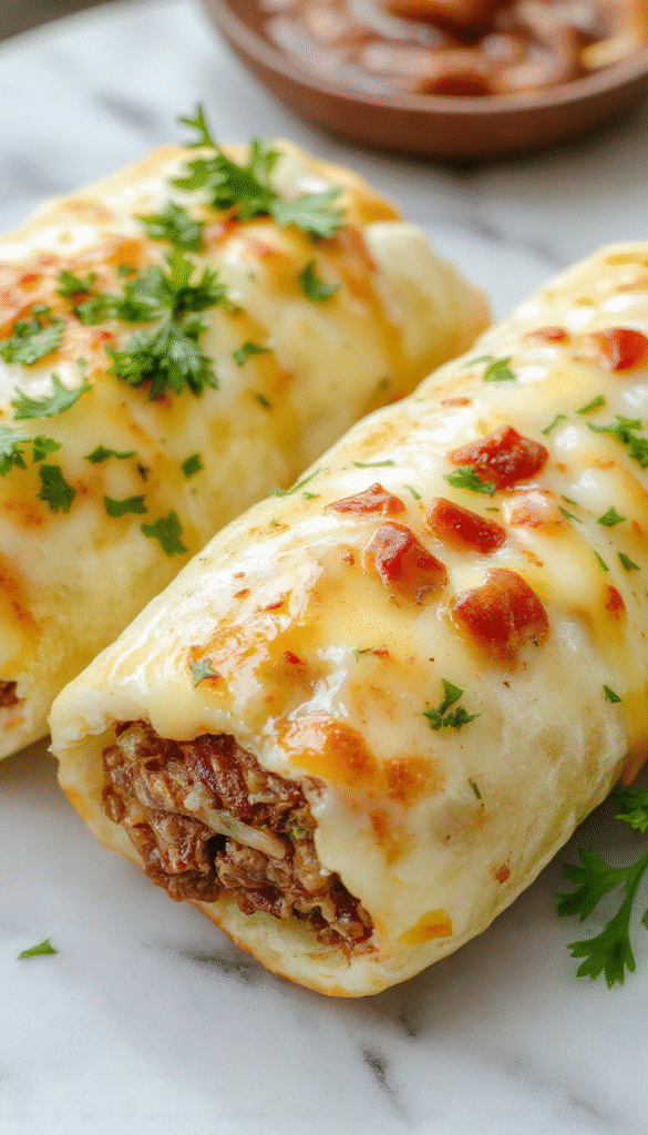 Colorful platter of keto Philly cheesesteak rolls showcasing crispy golden-brown baguette slices filled with tender juicy beef, melted cheese, and sautéed peppers, garnished with fresh herbs, styled on a rustic wooden board with a vibrant background.