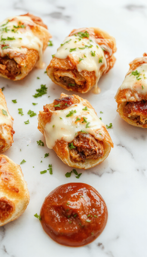A close-up of golden-brown keto Philly cheesesteak rolls sliced open to reveal melted cheese, tender beef strips, and colorful peppers inside, arranged neatly on a rustic wooden platter with fresh herbs garnishing the top, styled with a drizzle of sauce for an appetizing look.