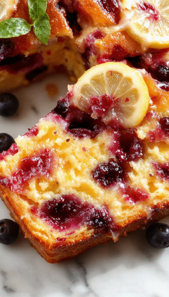 A vibrant lemon blueberry cake featuring a golden, slightly crumbly top layer with a dusting of powdered sugar, topped with fresh blueberries and lemon slices. The cake is sliced to reveal a moist, fluffy interior with swirls of blueberry and lemon zest, arranged on a rustic wooden platter with a sprig of mint for garnish, styled with natural lighting to highlight the colorful ingredients and textures.