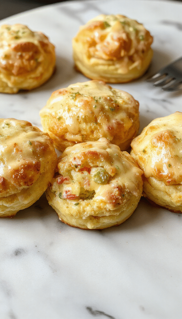 Golden brown cheddar bay biscuits stuffed with tender crab meat, garnished with fresh herbs, served alongside a glossy lemon butter sauce on a rustic plate with lemon wedges and a sprig of parsley, bright natural lighting emphasizing the textures and vibrant colors.