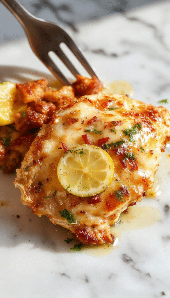 A vibrant plate of Lemon Chicken Romano featuring golden-brown chicken breasts topped with a fresh lemon wedge, garnished with chopped parsley, served alongside roasted vegetables on a white ceramic plate, with a lemon slice and sprigs of herbs in the background, all styled on a rustic wooden table with natural lighting highlighting the textures and colors.