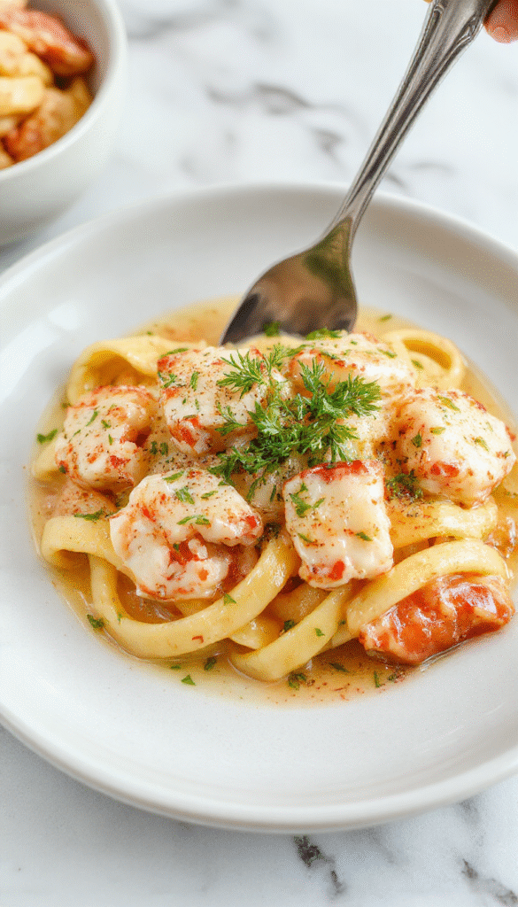 A close-up of a white plate featuring rich lobster pasta with chunks of tender lobster meat coated in a velvety creamy sauce, garnished with fresh herbs and grated cheese, set on a rustic wooden table with a sprinkle of black pepper and lemon wedges, highlighting the glossy texture and vibrant colors of the dish.
