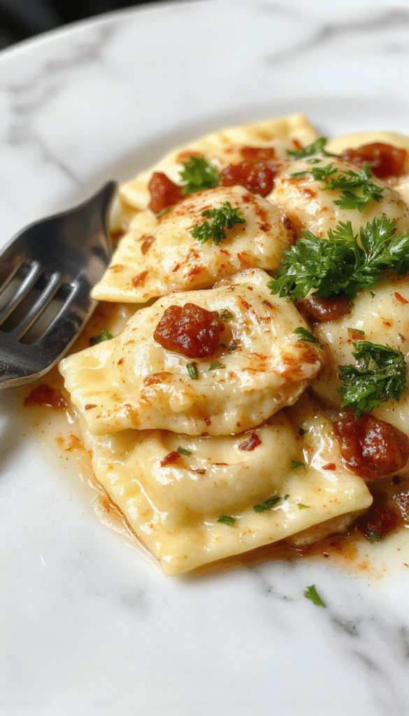 A vibrant plate of creamy Tuscan ravioli featuring golden, pillowy ravioli topped with a rich, green spinach and sun-dried tomato sauce, garnished with fresh basil and grated Parmesan, styled elegantly on a rustic wooden table