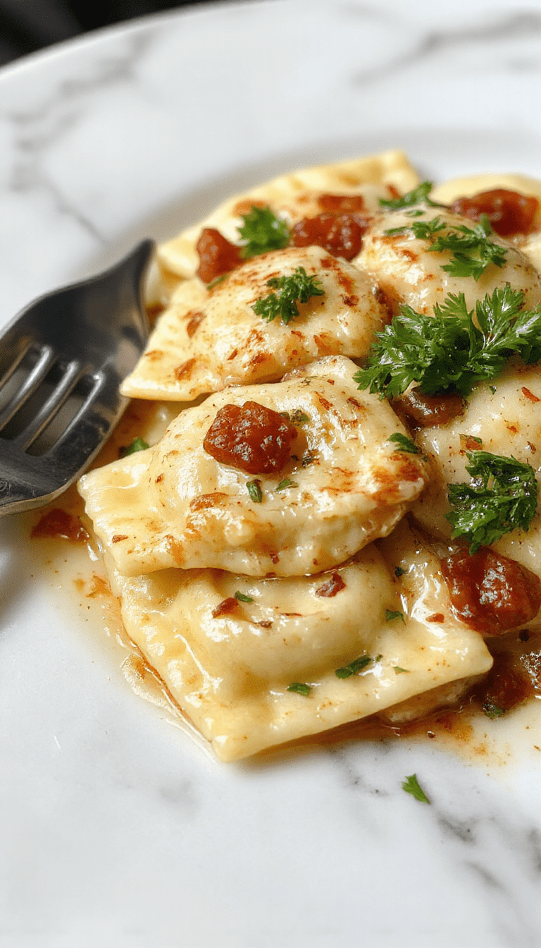 A vibrant plate of creamy Tuscan ravioli featuring golden, pillowy ravioli topped with a rich, green spinach and sun-dried tomato sauce, garnished with fresh basil and grated Parmesan, styled elegantly on a rustic wooden table