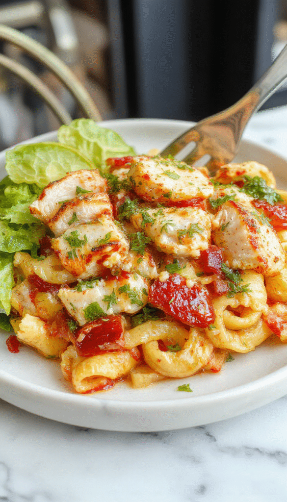 Colorful Mediterranean chicken pasta salad arranged on a white plate featuring vibrant cherry tomatoes, kalamata olives, cucumber slices, shredded chicken, and crumbled feta cheese, dressed with a light herb vinaigrette, garnished with fresh parsley. The salad has a fresh, glossy appearance with a mix of textures and bright Mediterranean colors, styled for a casual meal setting.