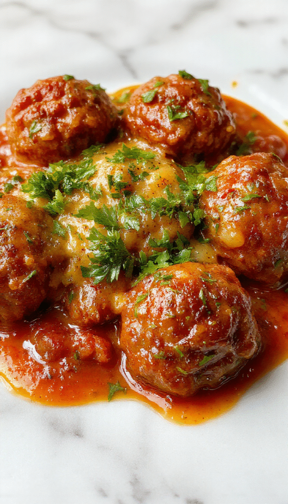 A close-up shot of golden-brown Italian meatballs coated in marinara sauce, garnished with fresh basil and grated cheese, arranged on a rustic plate with a side of spaghetti.