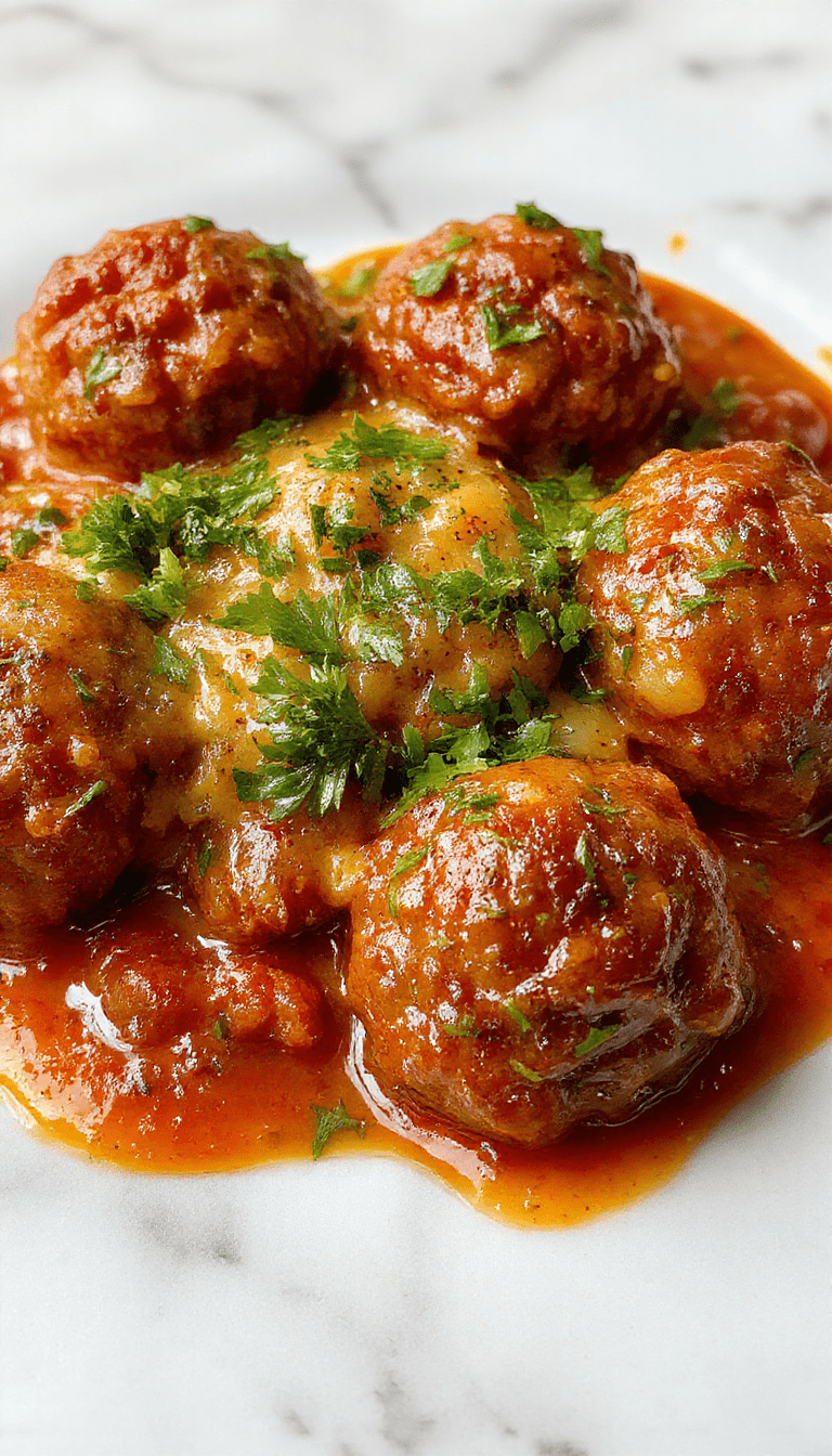 A close-up shot of golden-brown Italian meatballs coated in marinara sauce, garnished with fresh basil and grated cheese, arranged on a rustic plate with a side of spaghetti.