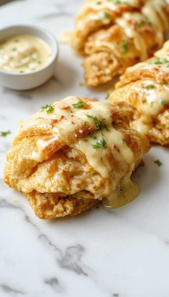 Golden-brown flaky crescent rolls filled with tender, shredded chicken and melted cheese, topped with a sprinkle of herbs, presented on a rustic wooden platter with fresh herbs and a side of dipping sauce, shot from above to showcase the inviting, cheesy filling and crispy texture.