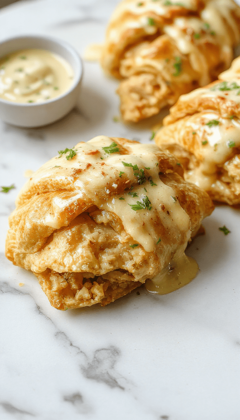 Golden-brown flaky crescent rolls filled with tender, shredded chicken and melted cheese, topped with a sprinkle of herbs, presented on a rustic wooden platter with fresh herbs and a side of dipping sauce, shot from above to showcase the inviting, cheesy filling and crispy texture.
