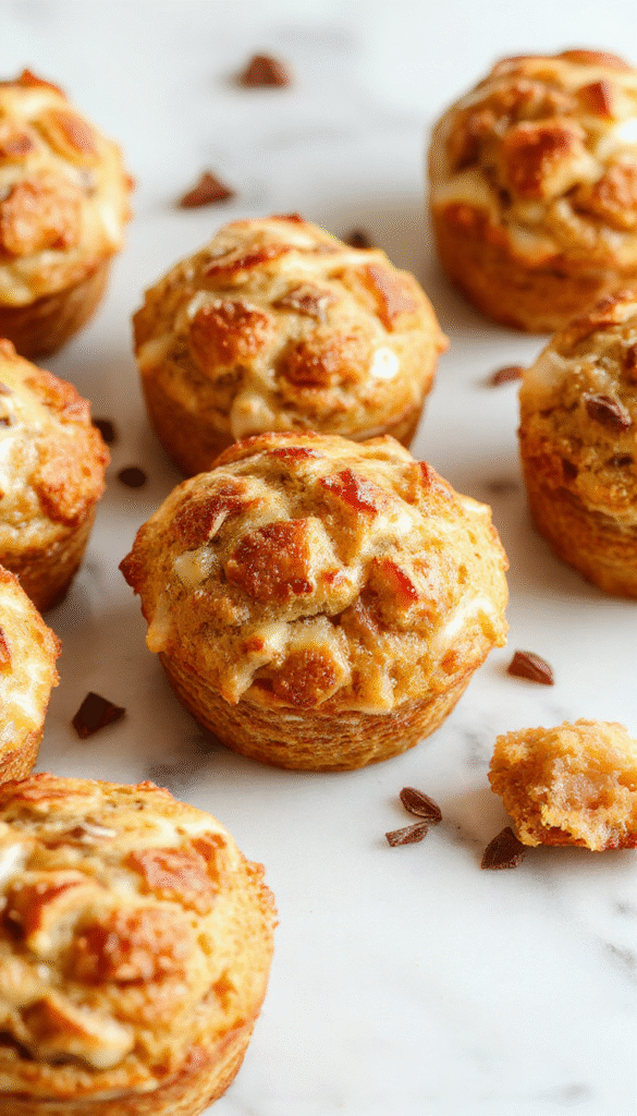 Colorful mini apple pies baked in a golden muffin tin, topped with crispy crumbly streusel, garnished with sliced fresh apples and cinnamon, showcasing warm, flaky pastry textures and inviting presentation.