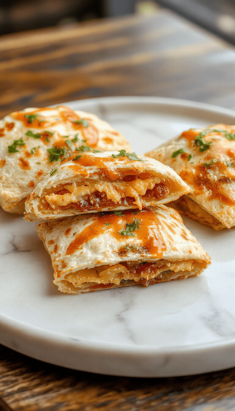 Colorful mini quesadillas filled with melted cheese, seasoned meat, and toppings, arranged on a rustic plate with garnishes. The quesadillas have crispy golden edges with gooey cheese oozing out, set against a vibrant kitchen backdrop with fresh ingredients scattered nearby.