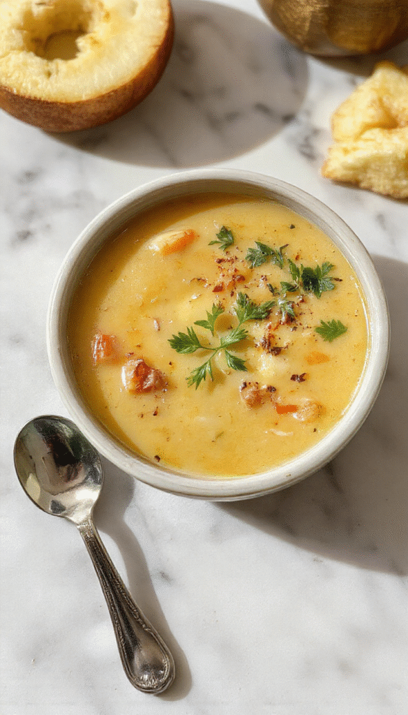 A steaming bowl of hearty homemade soup with vibrant orange broth, topped with fresh herbs and tender vegetables, served in a rustic bowl on a wooden table with a spoon beside it
