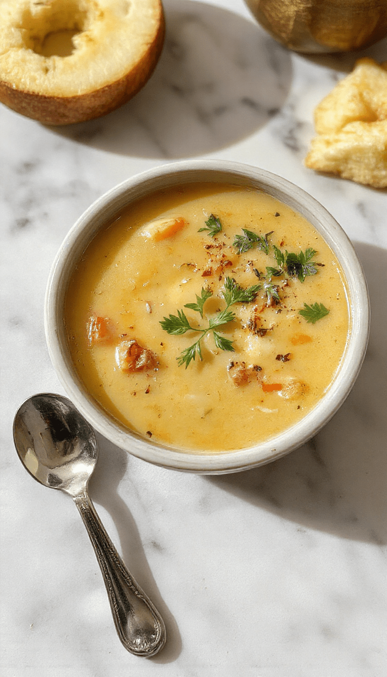 A steaming bowl of hearty homemade soup with vibrant orange broth, topped with fresh herbs and tender vegetables, served in a rustic bowl on a wooden table with a spoon beside it