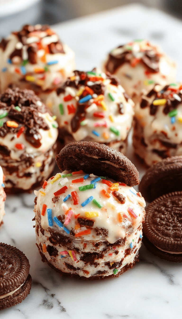 A vibrant layered icebox cake featuring colorful sprinkles and crushed Oreos, stacked in a clear glass dish. The top is decorated with more sprinkles and Oreo crumbs, showcasing a creamy texture contrasted with crunchy cookie pieces. The bright colors of the funfetti sprinkles pop against the white cream, styled on a rustic wooden surface with a cheerful, inviting atmosphere.