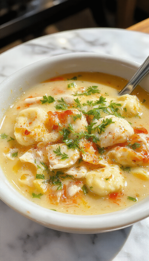 A warm bowl of Olive Garden Chicken Gnocchi Soup featuring creamy broth, tender gnocchi, shredded chicken, spinach, and herbs garnished with a sprinkle of Parmesan cheese, styled beautifully in a rustic bowl on a wooden table