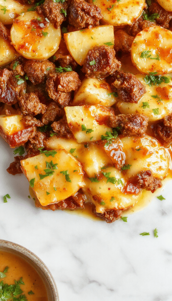 Colorful skillet featuring golden browned potatoes layered with seasoned ground meat topped with melted cheese, garnished with chopped herbs, all served on a rustic wooden surface with a cozy, inviting atmosphere.